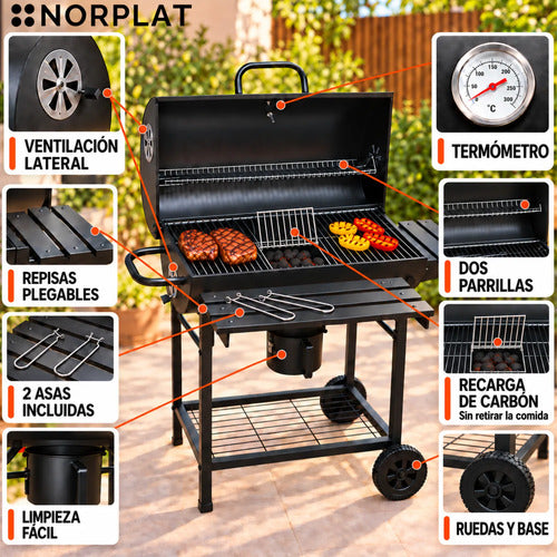 Parrilla Carbón Olavi Norplat Bbq Grill Asado Con Tapa Rueda Negro