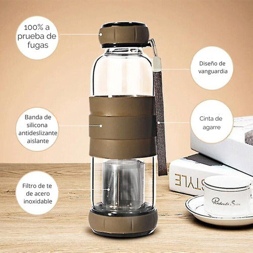 Botella Infusor Vidrio 550cc Difusor Te Bpa-free - Norplat Marrón