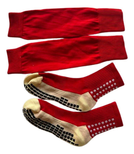 Calceta Fútbol Antideslizante + Calceta S/pie Niño Infantil Rojo