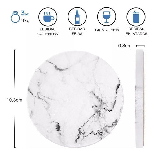 6 Posavasos Cerámica Corcho Con Soporte Para Mesa - Norplat Mármol Blanco