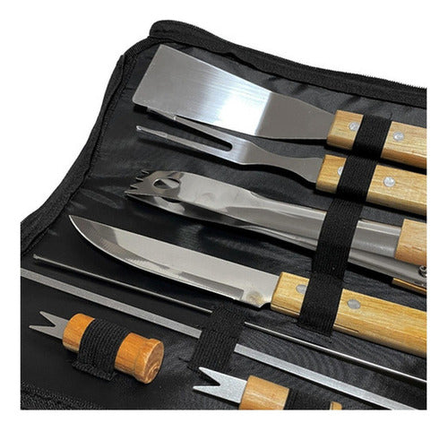 Set Parrillero 10 Herramientas Con Bolso Kit Asado - Norplat Madera Clara