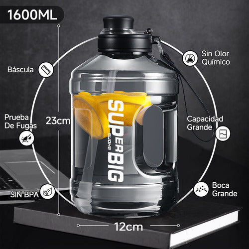 Botella Deportiva Agua Grande Norplat Motivacional 1.6l Gym Negro Transparente