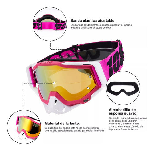 Antiparras Gafas Uv Motocross Scooter Moto Snowboard Norplat Rosa Chicle Dorado Adulto