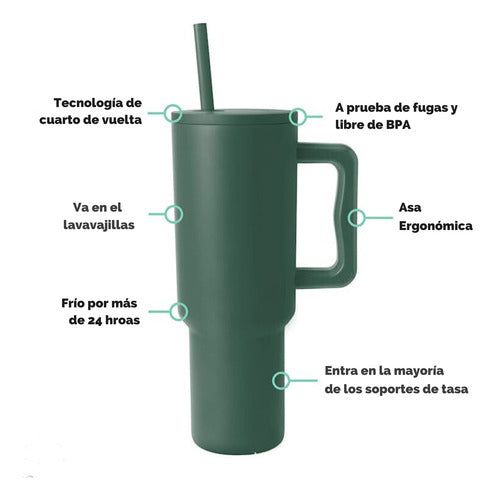 Norplat Tumbler 1180ml Vaso Térmico 40oz 1180ml Con Bombilla Verde Oscuro Lisa