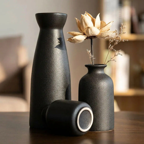 3 Floreros Norplat - Jarron Cerámica Decorativos Para Mesa Negro Lisa