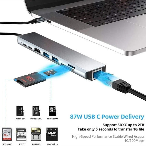 Hub Adaptador Usb Tipo C 8 En 1 - Macbook, Windows Ethernet