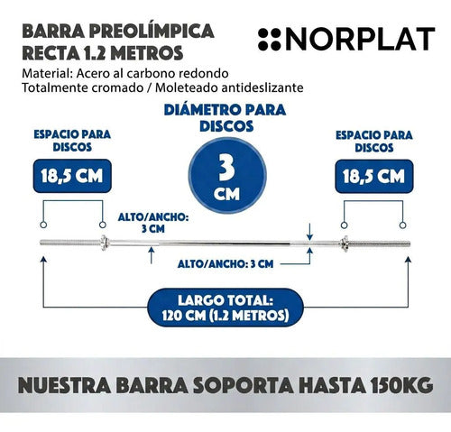 Barra Recta Norplat Preolimpica 120cm 4.2 Kg Fitness Cromada Plateado
