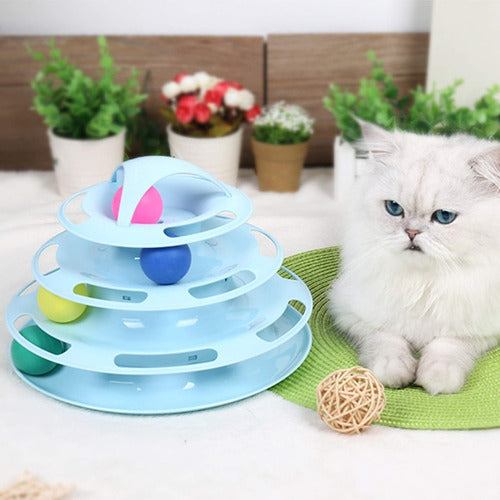 Divertido Juguete Para Gatos Torre 3 Niveles Pelota Raton Celeste
