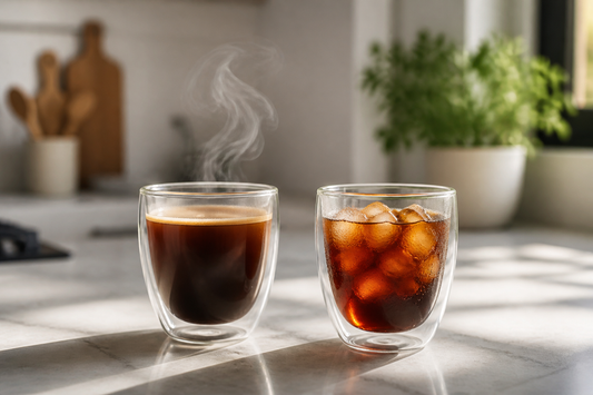 Vasos de vidrio para comparar uso con café caliente y bebida fría con hielo