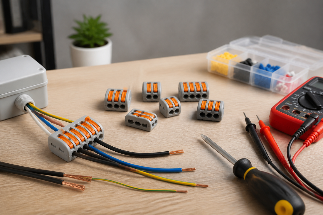Conector Wago tipo palanca junto a cables eléctricos y herramientas de instalación