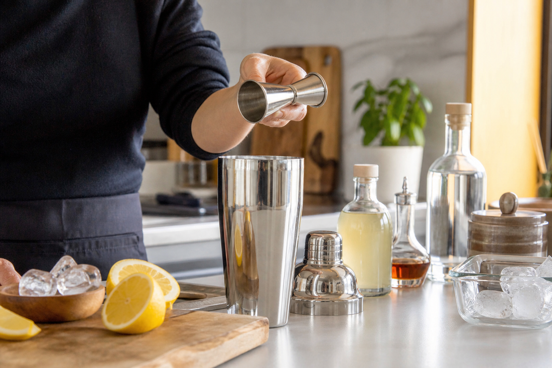 Uso de un jigger japonés para medir ingredientes de un cóctel en casa