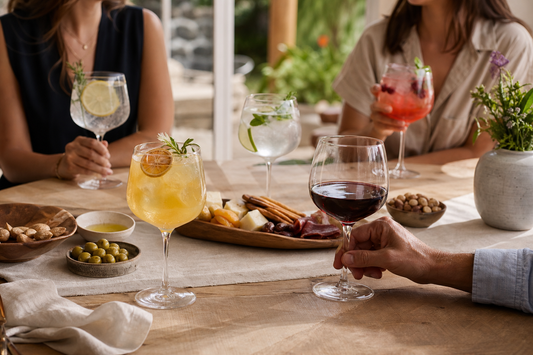 Copas versátiles con vino, gin tonic y mocktails en una reunión en casa