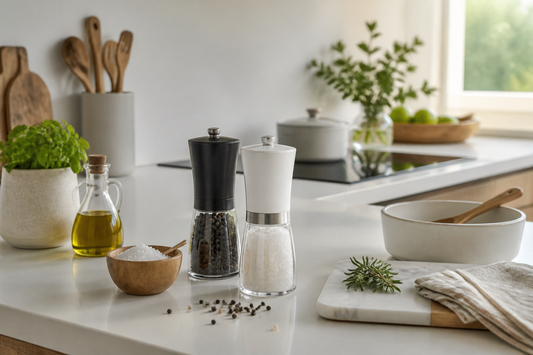 Salero eléctrico sobre encimera de cocina junto a sal gruesa y especias