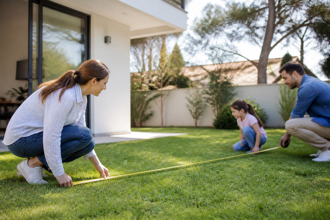 Familia midiendo el patio antes de comprar una cama elástica en oferta