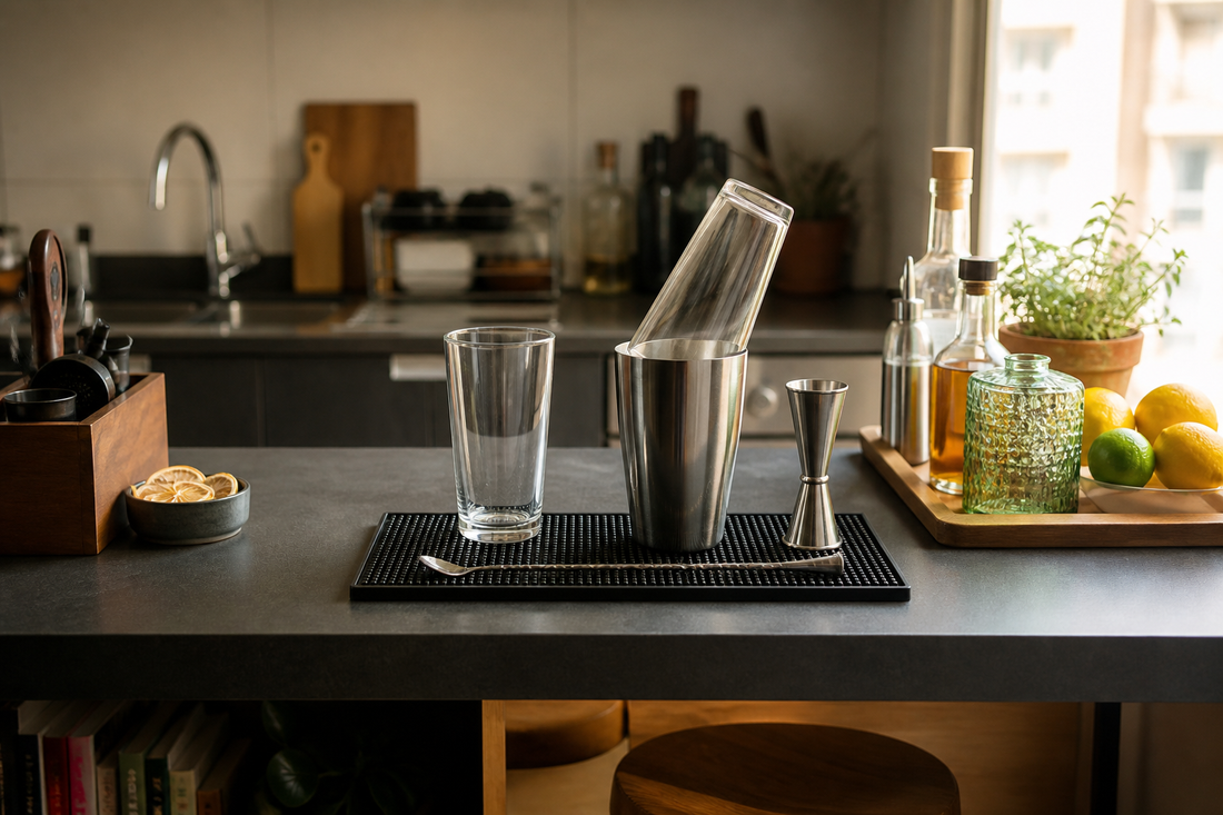 Estación compacta de coctelería en una cocina pequeña usando bar mat
