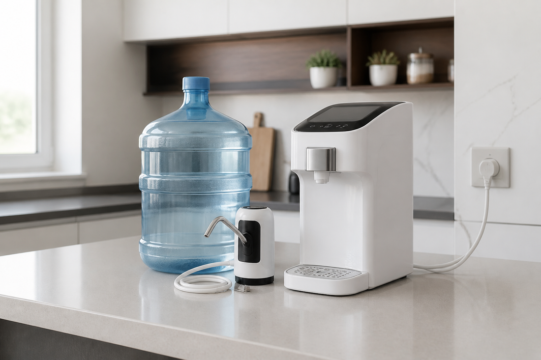 Dispensador de agua eléctrico y bomba USB para botellón en una cocina.
