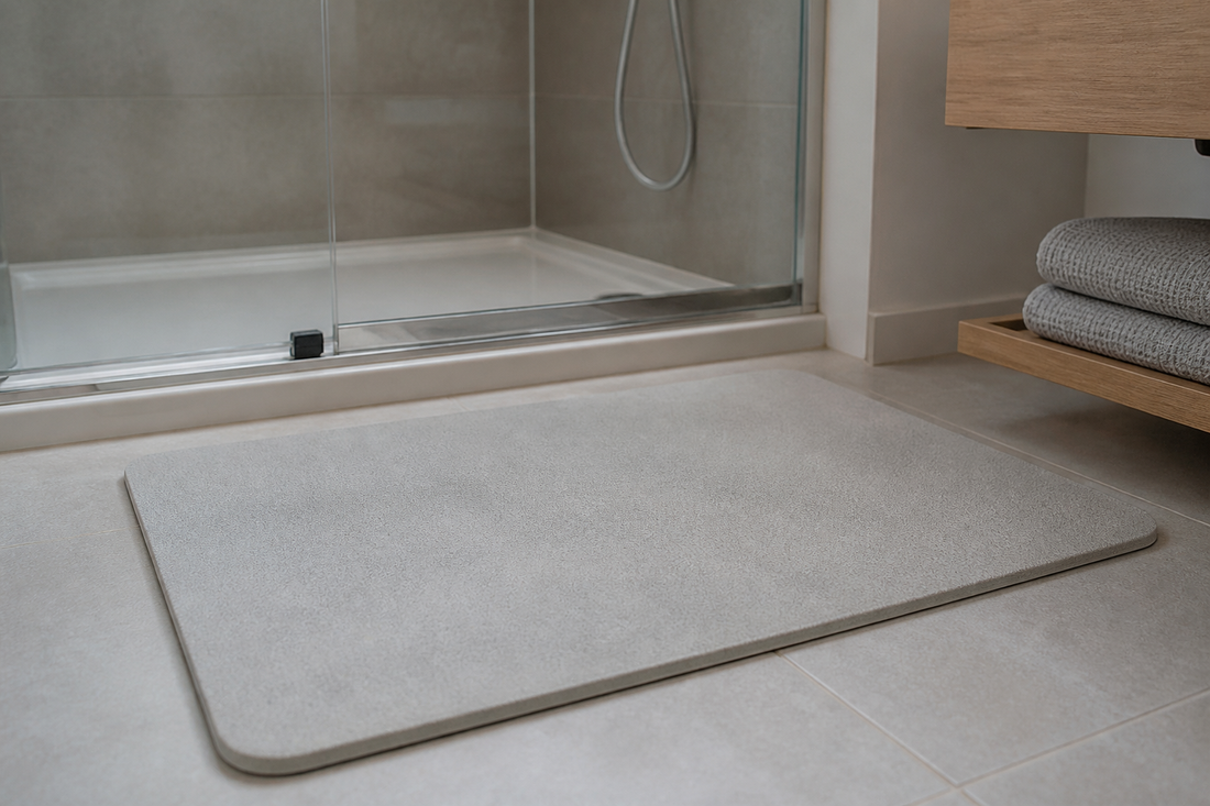 Alfombra rígida de diatomita seca frente a la ducha en un baño moderno