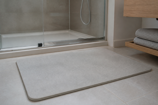 Alfombra rígida de diatomita seca frente a la ducha en un baño moderno