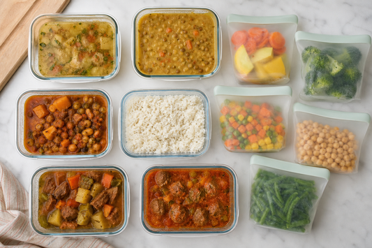 Comida preparada dividida en porciones dentro de contenedores y bolsas aptas para freezer