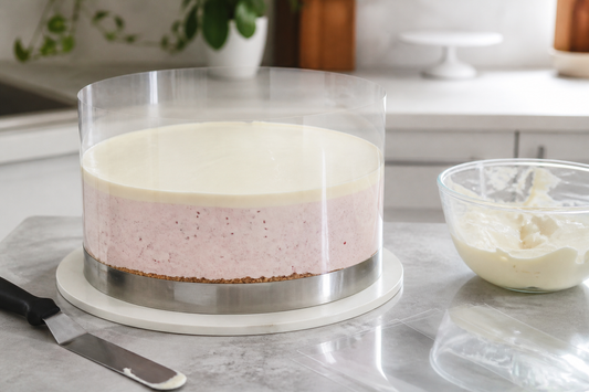 Torta fría armada con cinta de acetato transparente en una cocina de repostería