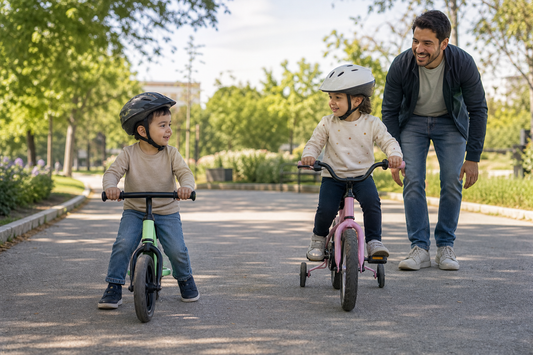 Niños comparan una bicicleta de equilibrio y una bicicleta con rueditas bajo la supervisión de un adulto.