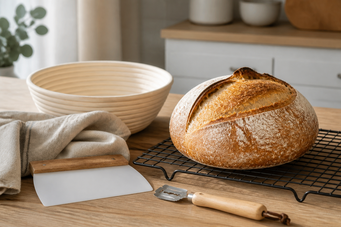 Kit para pan de masa madre con banneton, scraper, greñador y rejilla de enfriamiento
