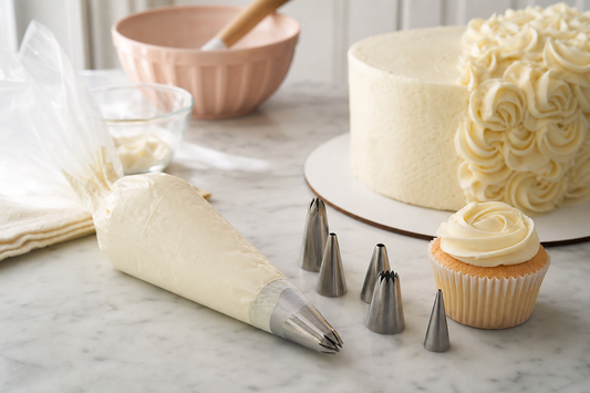 Manga pastelera con boquillas y buttercream para diagnosticar problemas al decorar tortas