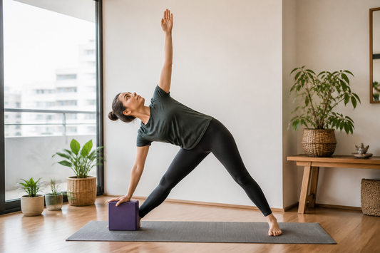 Principiante usando un bloque de yoga como apoyo en una postura de triángulo en casa