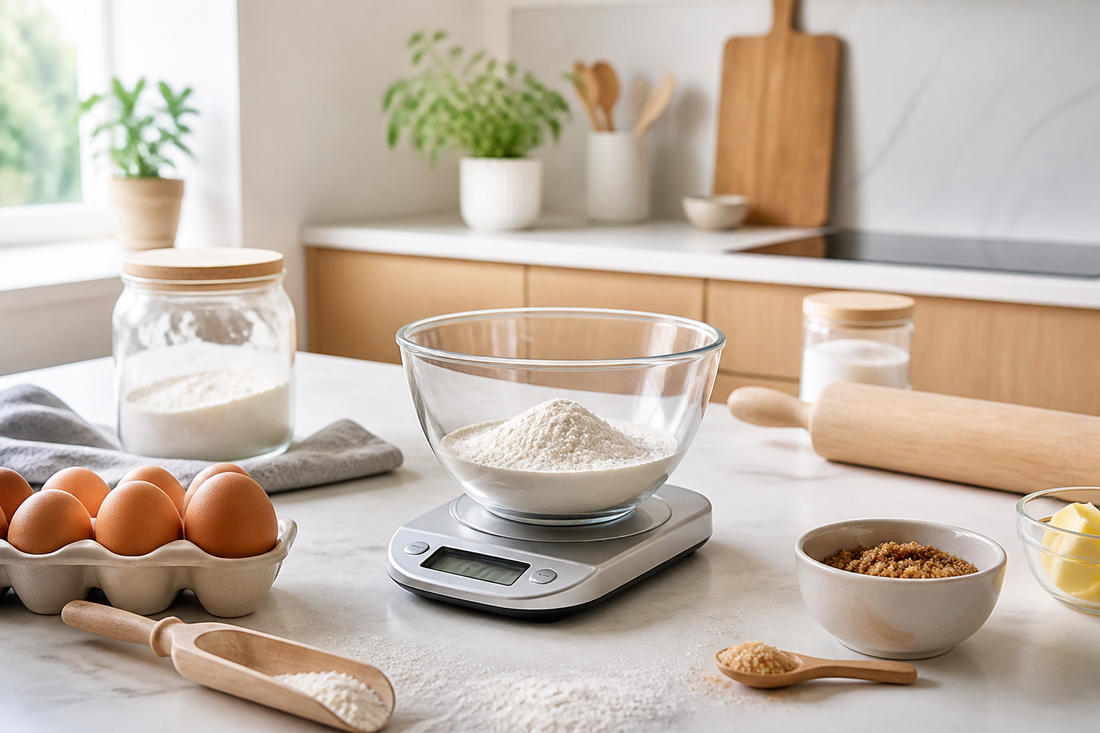 Balanza de cocina digital con ingredientes para pesar recetas con precisión
