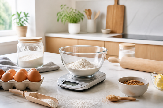 Balanza de cocina digital con ingredientes para pesar recetas con precisión