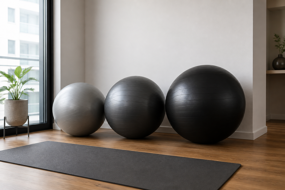 Comparación visual de pelotas de pilates de 55, 65 y 75 cm para entrenar en casa