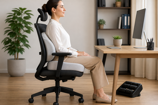 Cojín lumbar y cojín de asiento claramente visibles en una silla de home office, con apoya pies bajo el escritorio.