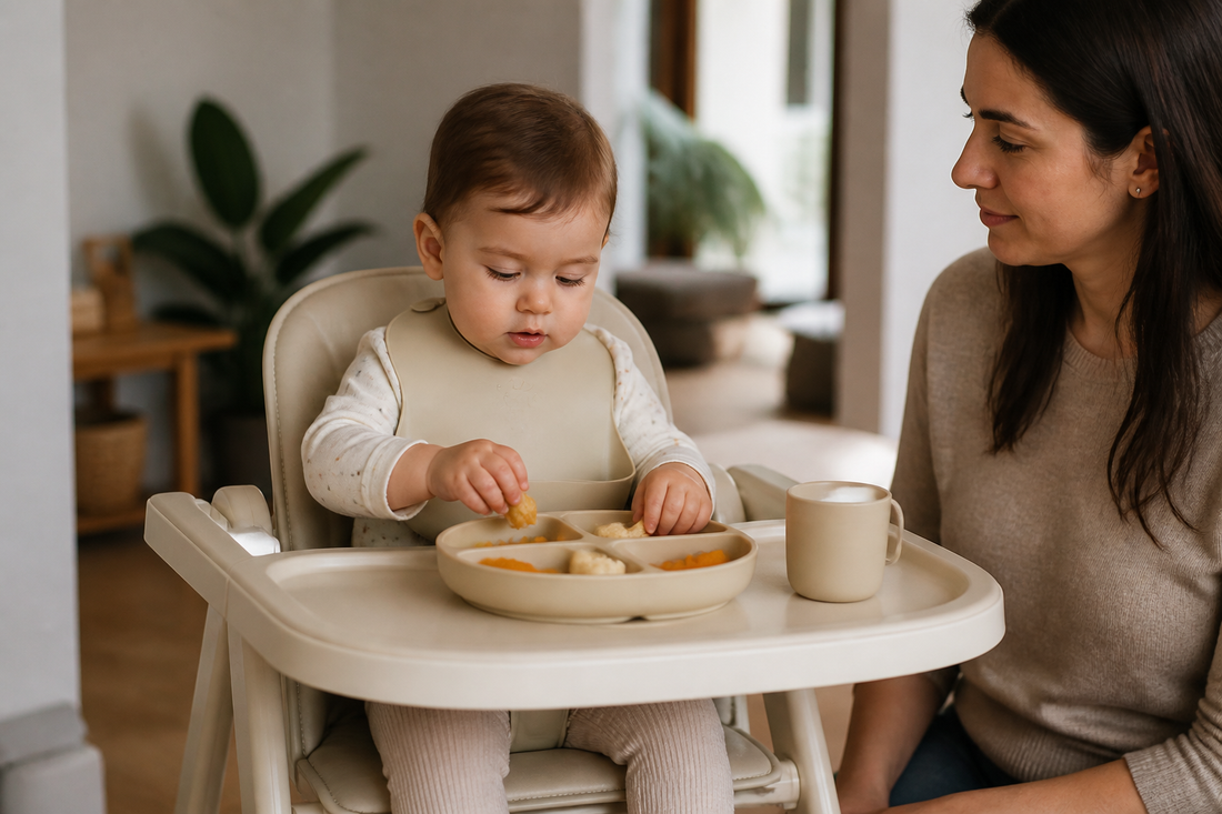 Guagua usando un plato con ventosa, vaso y babero durante la alimentación complementaria