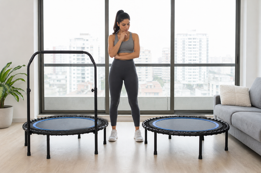 Comparación entre un trampolín fitness con barra y otro sin barra en casa
