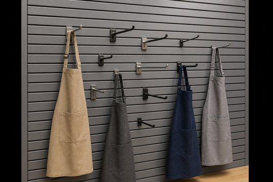 Panel ranurado con ganchos de distintos largos y grosores exhibiendo pecheras de gabardina