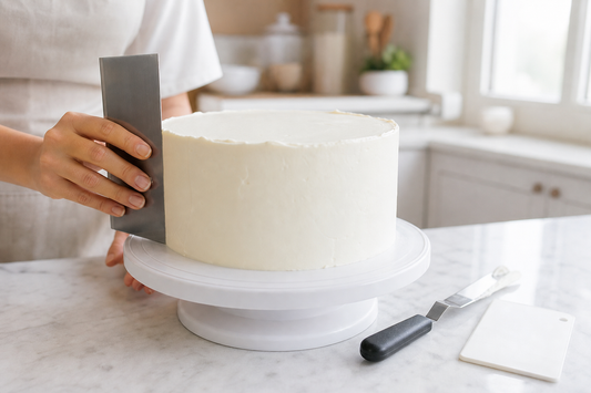 Torta sobre base giratoria lista para alisar con espátula y rasqueta