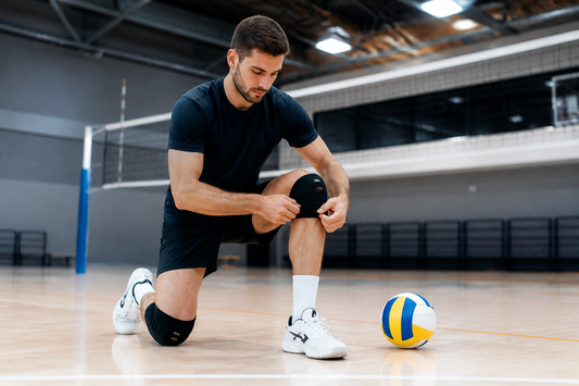 Jugador ajustando rodilleras de voleibol antes de entrenar en cancha interior