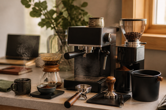 Estación de café en casa con tamper, WDT, knock box, molinillo y métodos manuales