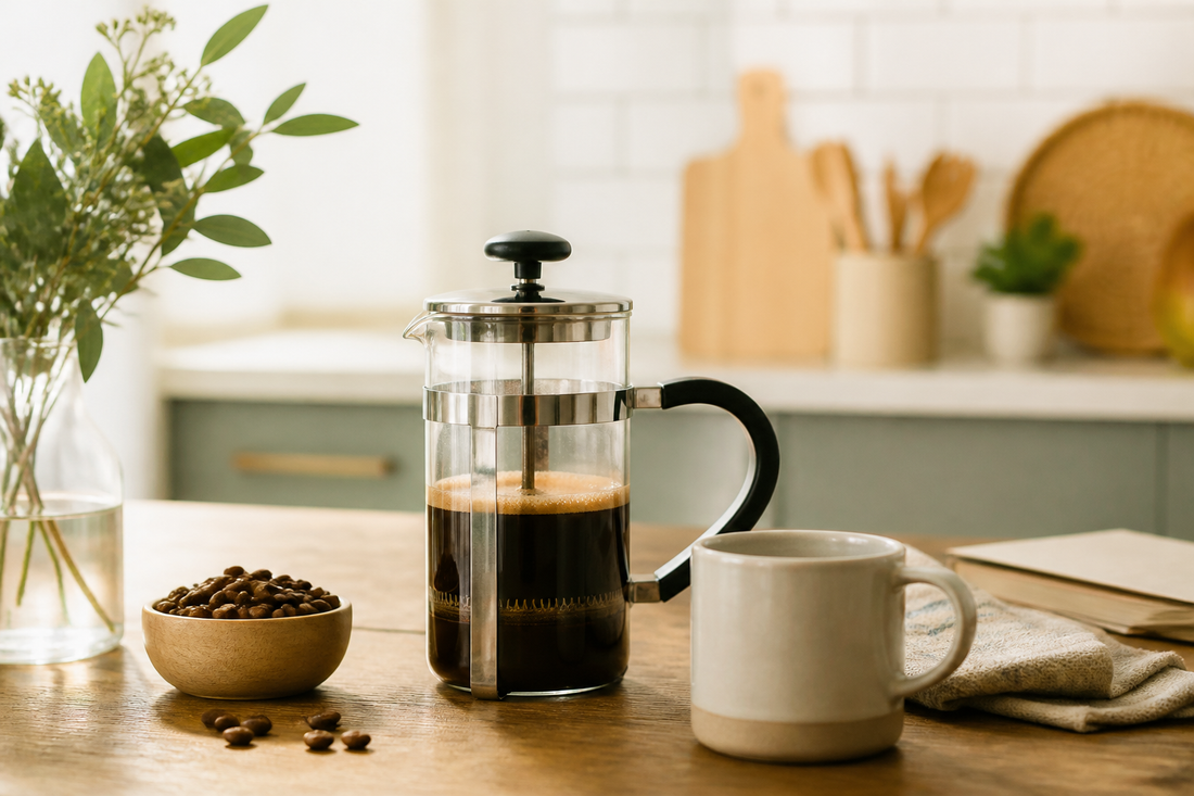 Cafetera francesa de vidrio con café preparado en una cocina de casa
