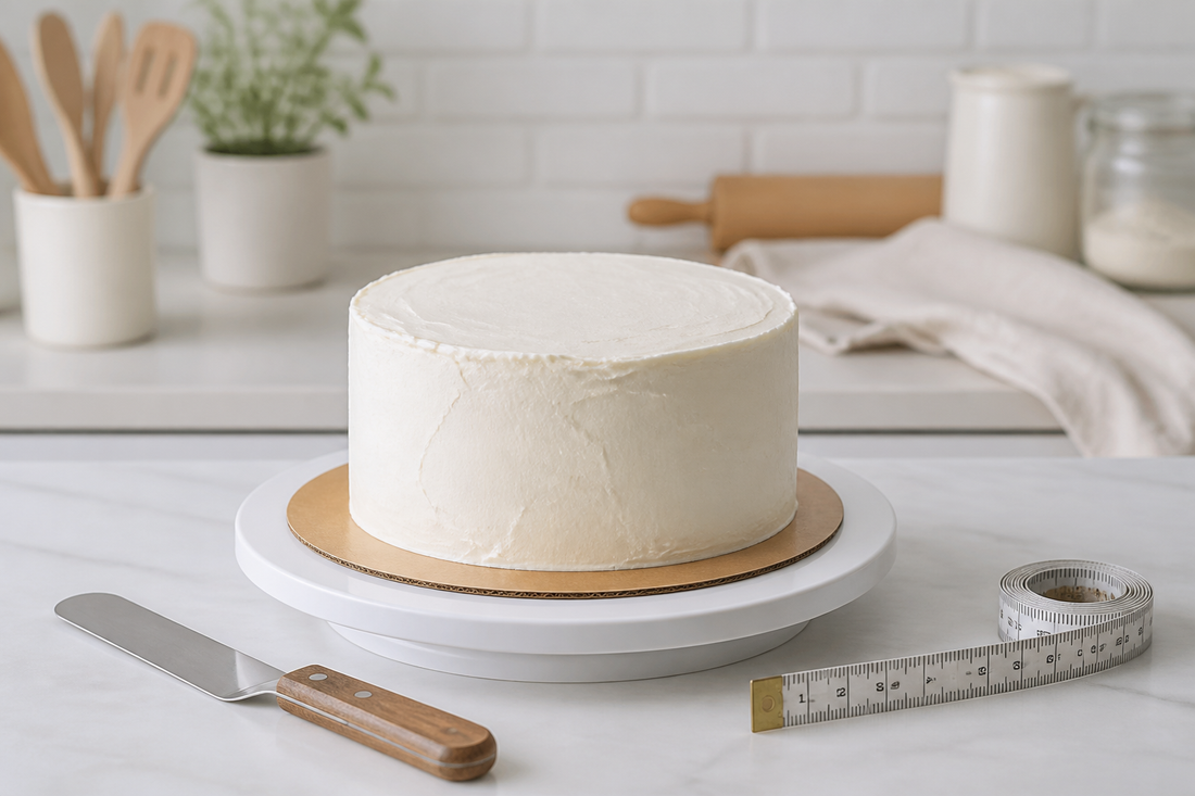 Torta sobre base de cartón centrada en un plato giratorio para elegir el diámetro correcto