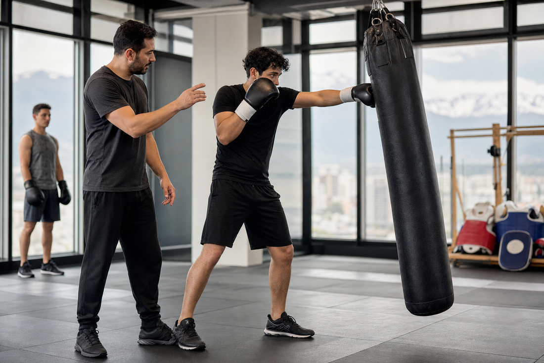 Principiante practica boxeo con guantes y vendas mientras un entrenador corrige su técnica en un gimnasio de Santiago.