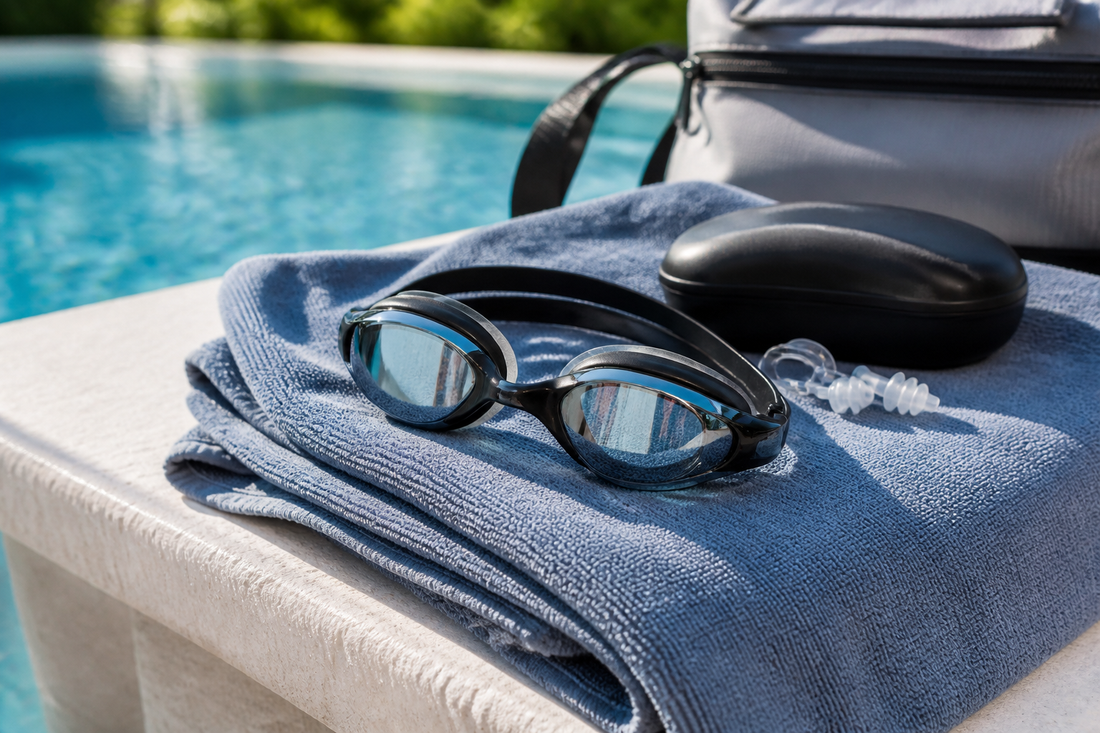 Toalla de microfibra con gafas y accesorios de natación junto a una piscina