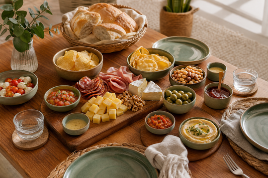 Mesa de picoteo chilena con pocillos para dips, bowls y platos reutilizables