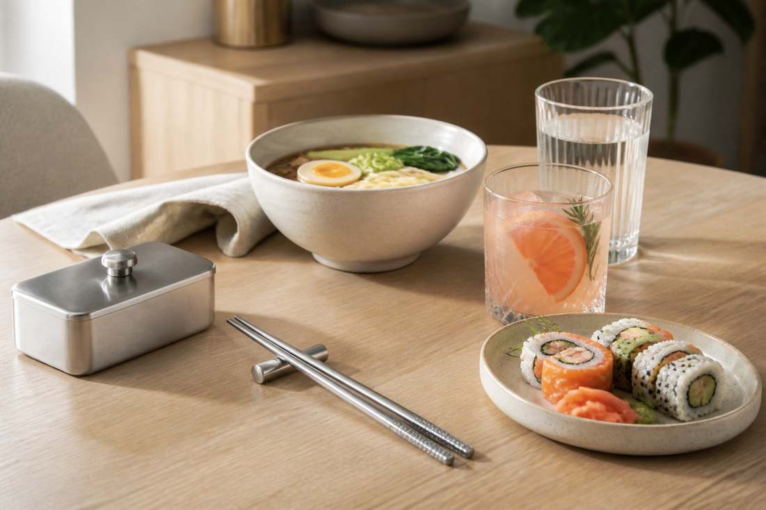 Palillos chinos de acero inoxidable junto a ramen, sushi, vasos, una copa de cóctel y un mantequillero sobre una mesa servida.