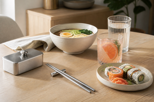 Palillos chinos de acero inoxidable junto a ramen, sushi, vasos, una copa de cóctel y un mantequillero sobre una mesa servida.