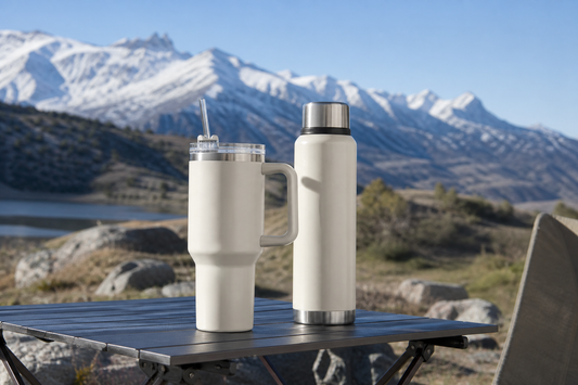 Comparación entre un tumbler 40 oz y un termo de 1 litro en un entorno outdoor