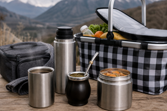 Vaso térmico con café, termo para mate, termo de comida, lonchera y cooler en un camping invernal