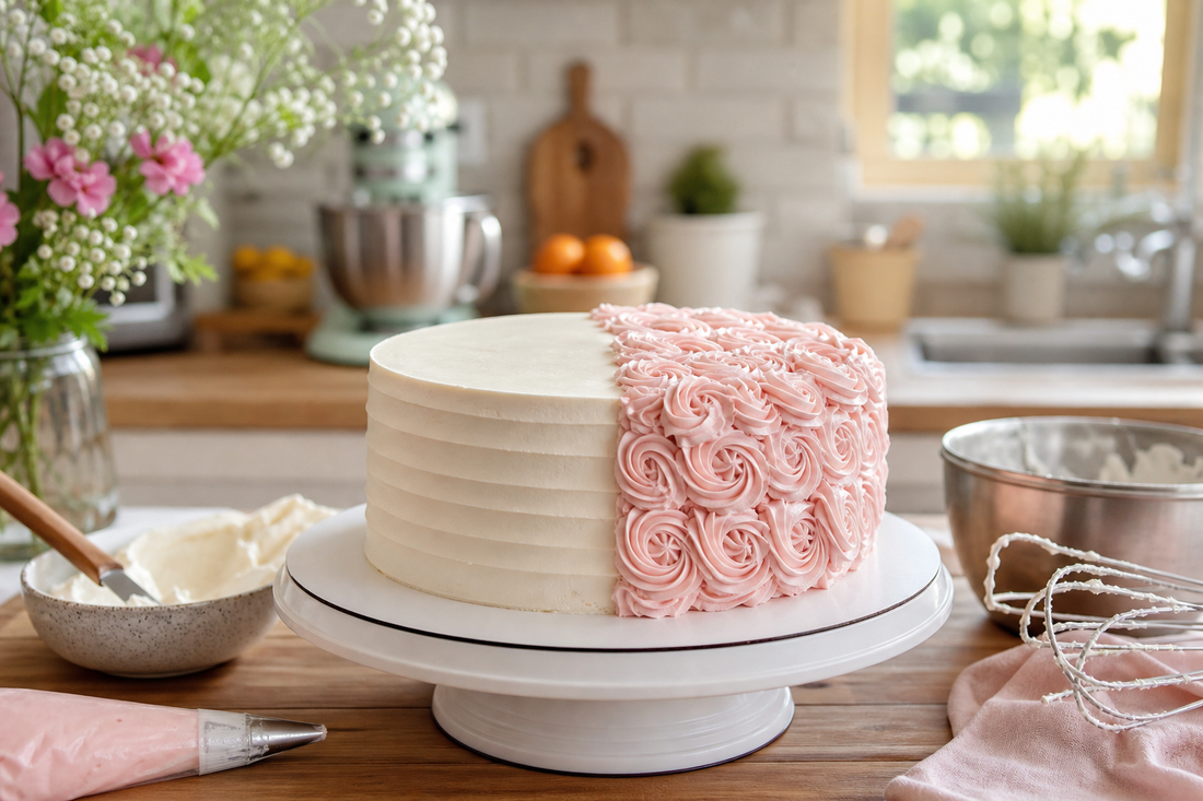 Torta comparando decoración con buttercream y chantilly en una cocina casera