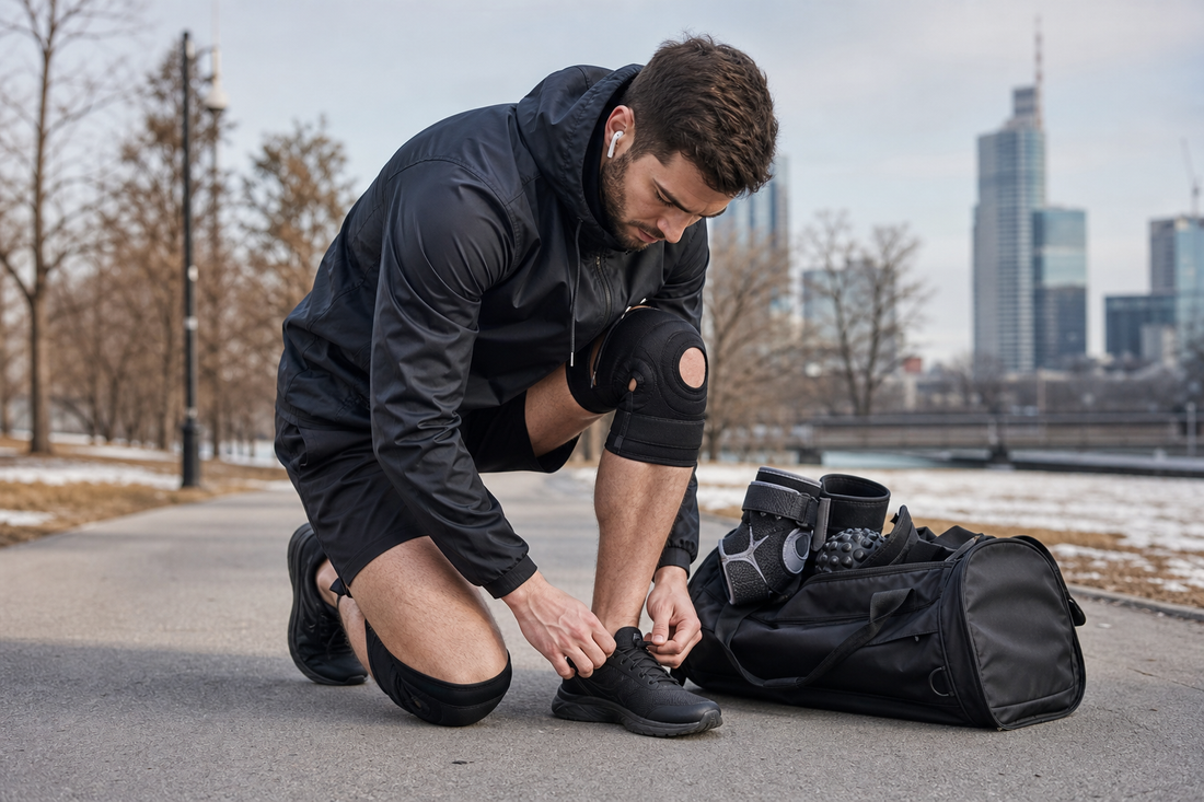 Deportista en Chile usando soporte ortopédico deportivo antes de entrenar