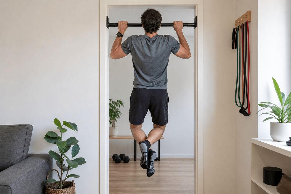 Barra de dominadas instalada en una puerta de departamento para entrenar calistenia en casa